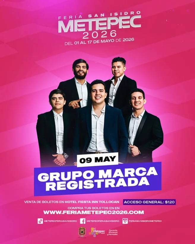 Promotional poster for Grupo Marca Registrada performing May 9 at Feria San Isidro Metepec 2026 in Mexico. Five band members in formal attire against pink background.