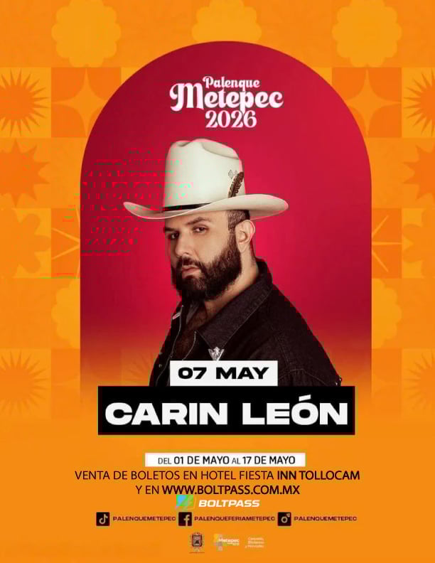 Concert poster for Carin Leon performing May 7 at Palenque Metepec 2028 in Mexico, featuring the artist wearing a white cowboy hat