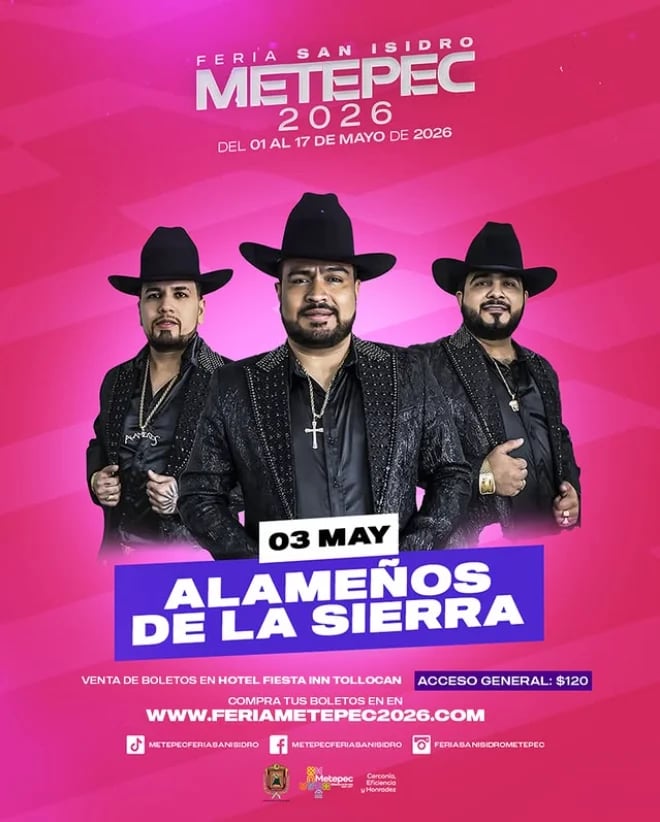 Promotional poster for Feria San Isidro Metepec 2026 featuring three men in black cowboy hats and sparkly jackets advertising Alamenos de la Sierra on May 3