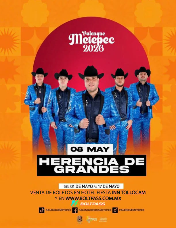 Herencia de Grandes promotional poster for Palenque Metepec 2028 concert on May 8, featuring five men in blue sequined suits and cowboy hats against an orange background