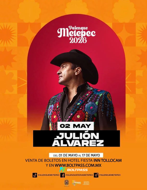 Palenque Metepec 2028 event poster featuring Julión Álvarez performing May 2, with orange decorative background