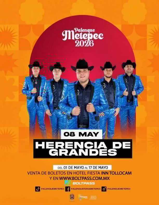 Palenque Metepec 2026 event poster featuring five men in blue sequin suits and black cowboy hats on May 8, Herencia de Grandes performance