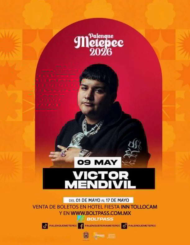 Concert poster for Palenque Metepec 2028 featuring artist Victor Mendivil on May 9, with ticket information