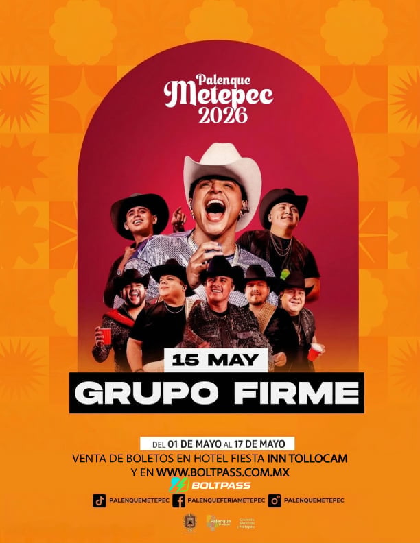 Grupo Firme concert poster for Palenque Melepec 2026, May 15 event featuring band members in cowboy hats on orange background