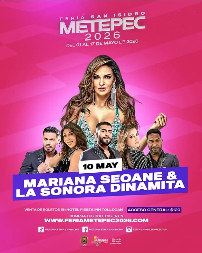 Bright pink promotional poster for Feria San Isidro Metepec 2026 featuring Mariana Seoane and La Sonora Dinamita on May 10.
