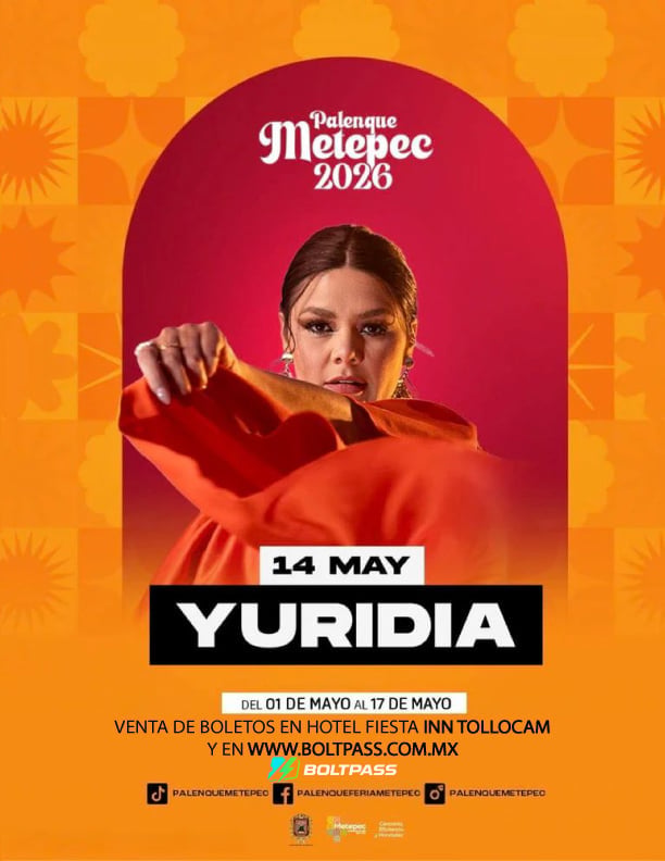 Promotional poster for Yuridia concert at Palenque Merenece 2026 on May 14, featuring artist against vibrant orange and red gradient background