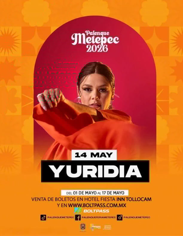 Concert poster for Yuridia performing May 14 at Palenque Metrópolis 2026, with orange background and warm-toned design