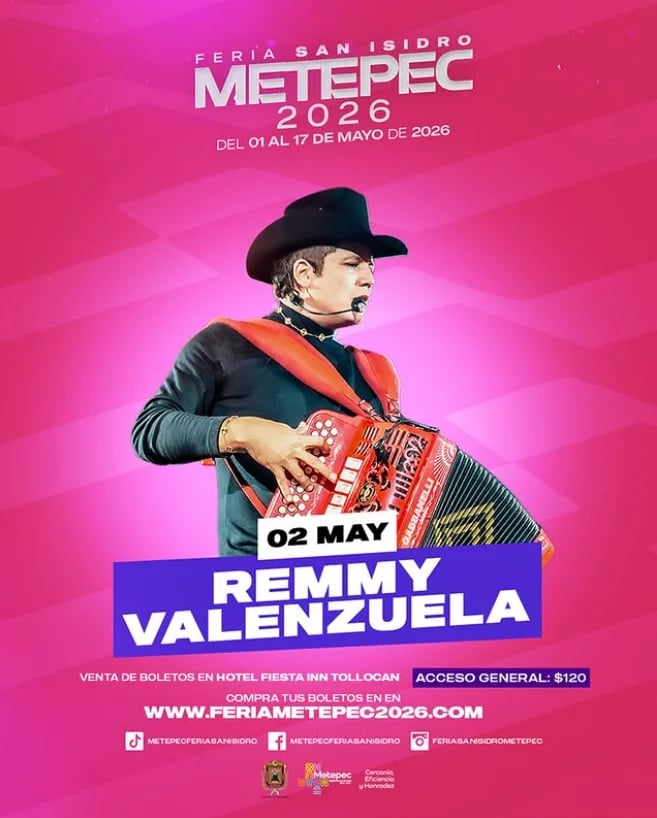 Poster for Feria San Isidro Metepec 2026 featuring musician Remmy Valenzuela performing accordion on May 2
