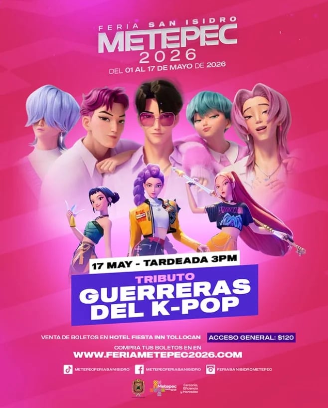 Promotional poster for Metepec 2026 K-pop tribute concert featuring animated characters on vibrant pink background
