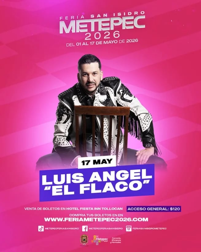 Promotional poster for Feria San Isidro Metepec 2026 featuring Luis Angel El Flaco with accordion on bright pink background, May 17 event date