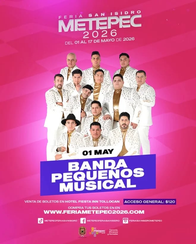 Banda Pequeños Musical concert poster for Feria San Isidro Metepec 2026, featuring band members in white suits