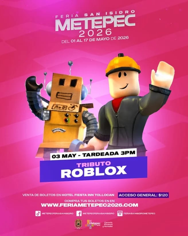 Feria San Isidro Metepec 2026 poster featuring two animated characters from Roblox celebrating May 3rd at 3pm with pink background and event details