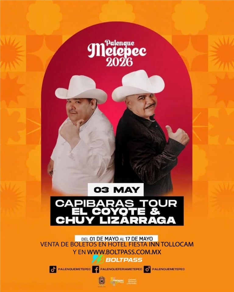 Concert poster for Palenque Metatepec 2026 featuring two men in white and black jackets with white cowboy hats, dated May 03, against orange and red background