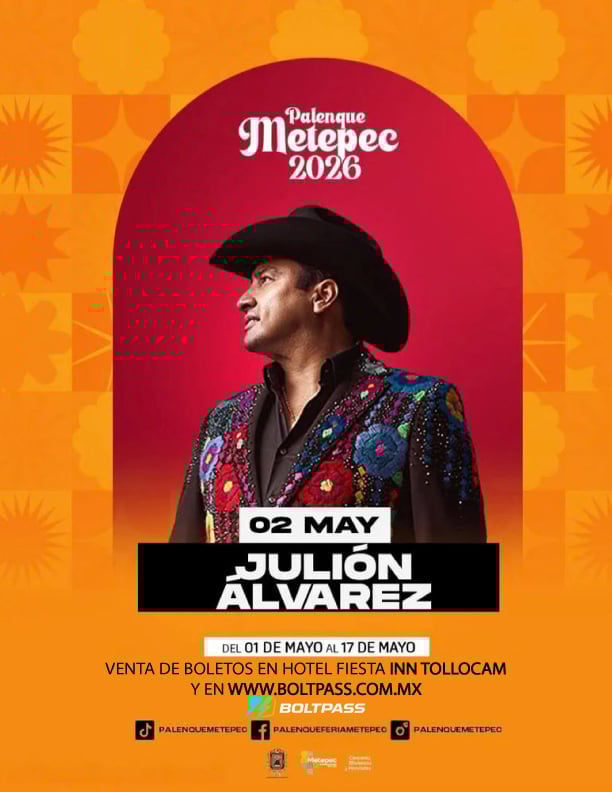 Palenque Metepec 2026 concert poster for Julion Alvarez on May 2, featuring him in a sparkly jacket against a red and orange background