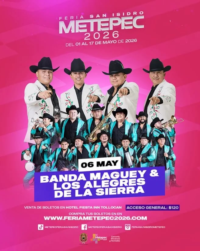 Feria San Isidro Metepec 2026 poster featuring Banda Maguey and Los Colores de la Sierra performing May 6. Bright pink background with cowboys in white and turquoise outfits.
