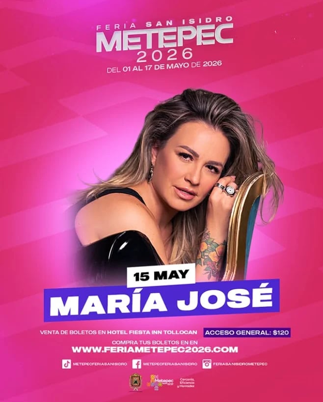 Promotional poster for Feria San Isidro Metepec 2026 featuring performer Maria José on May 15, pink background with event details