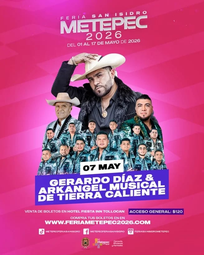 Feria San Isidro Metepec 2026 poster featuring musicians in cowboy hats on bright pink background with event details
