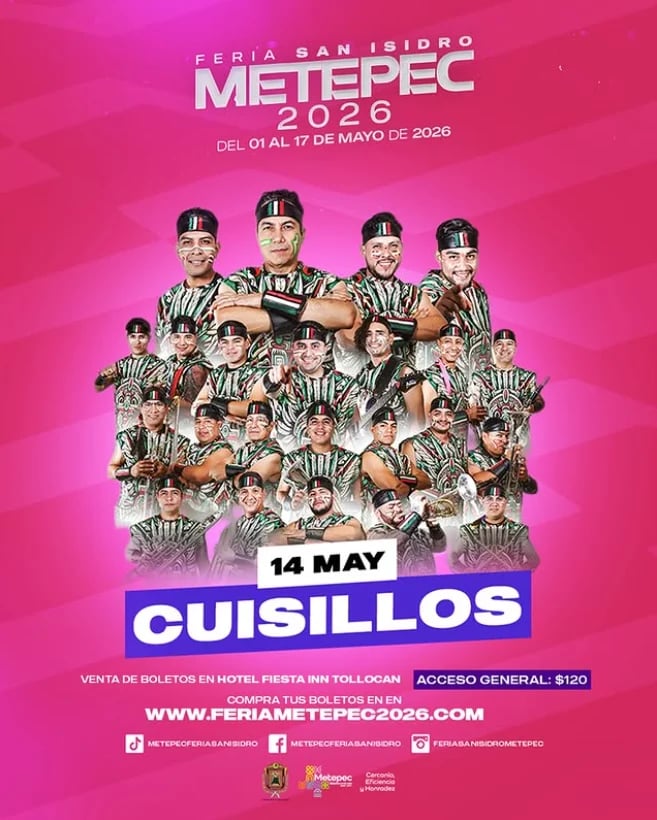 Feria San Isidro Metepec 2026 poster featuring Cuisillos baseball team in striped uniforms on pink background, event May 14